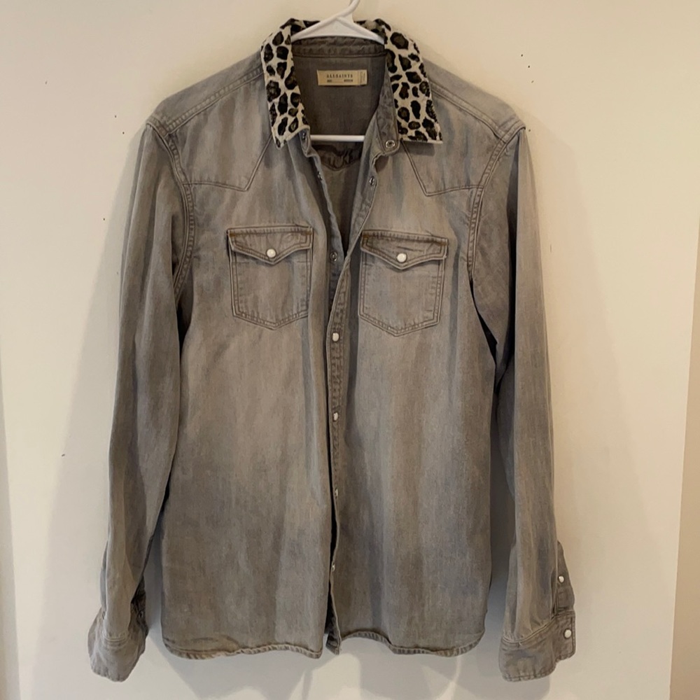 All Saints Jean Shirt w/ leopard corduroy collar
